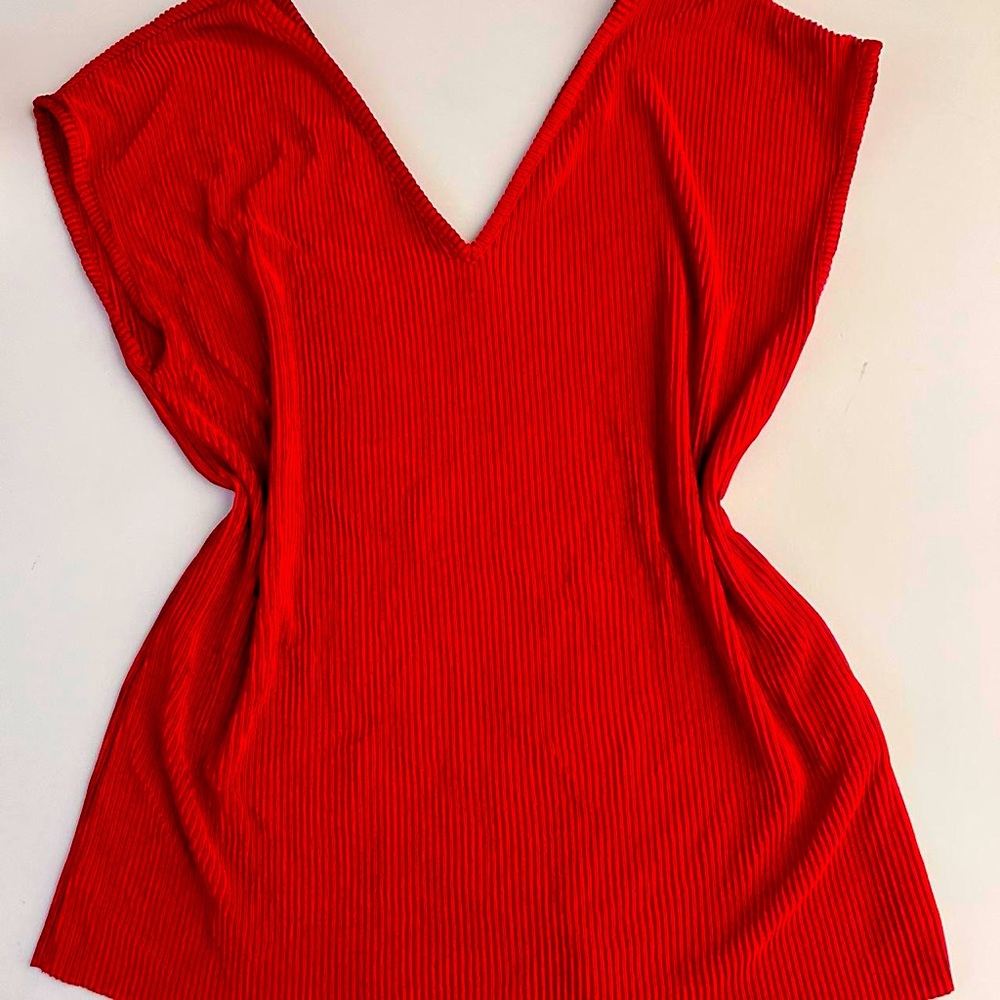 Loose Red Ribbed V-neck Velvet Shirt with Short Sleeves